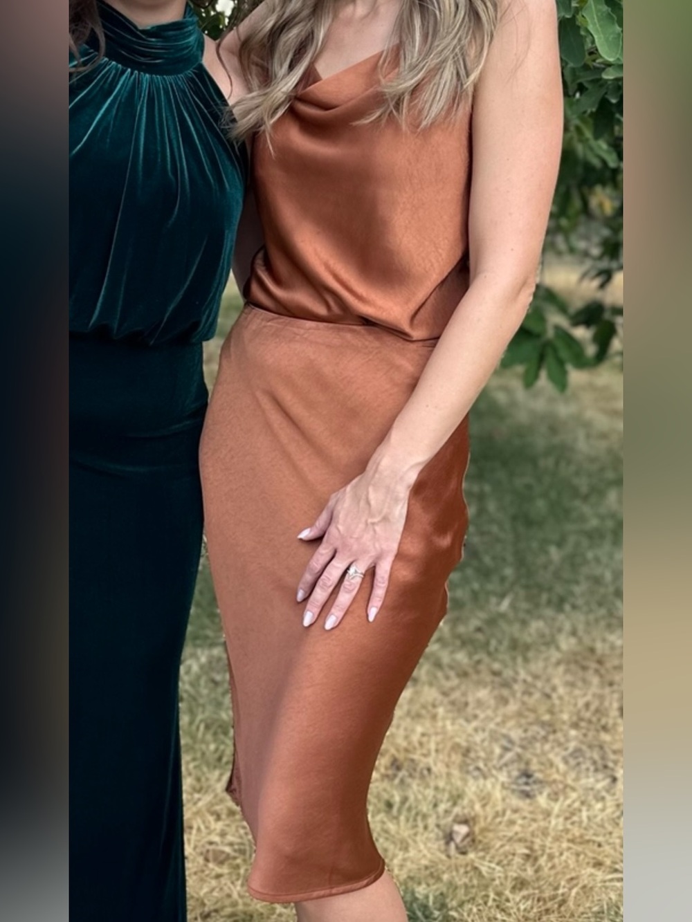 Skies Are Blue Top S / Satin Pencil Skirt M in Copper Brown